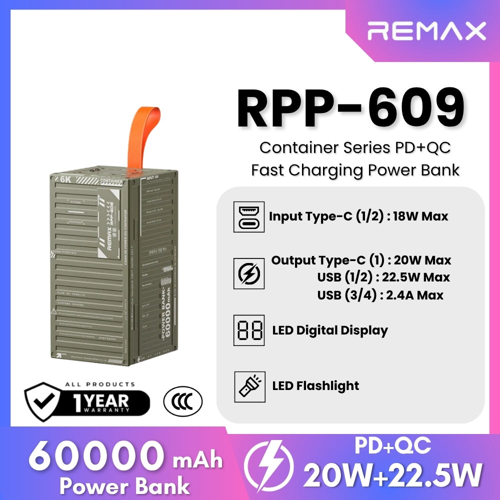 REMAX RPP-609 Container Series 60000mAh PD+QC Fast Charging Power Bank(PD 20W+QC 22.5W) - Green