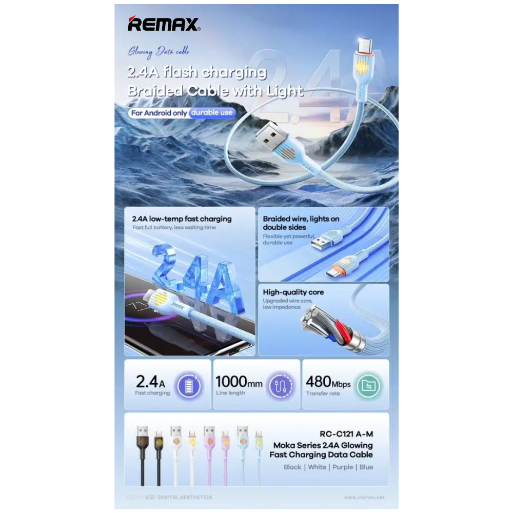 REMAX - RC-C121M Moka Series Fast Charging Glowing Data Cable ( 2.4A ) - Purple