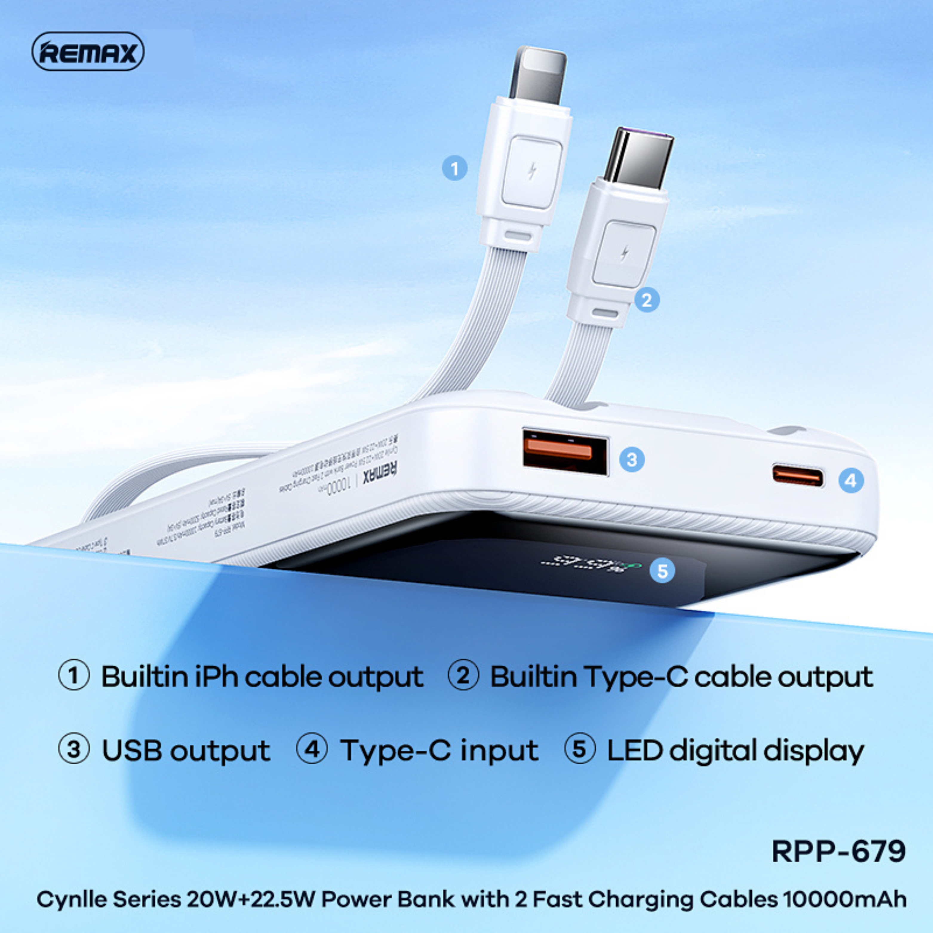 REMAX RPP-679 10000MAH CYNLLE SERIES 20W+22.5W POWER BANK WITH 2 FAST CHARGING CABLE(Blue)