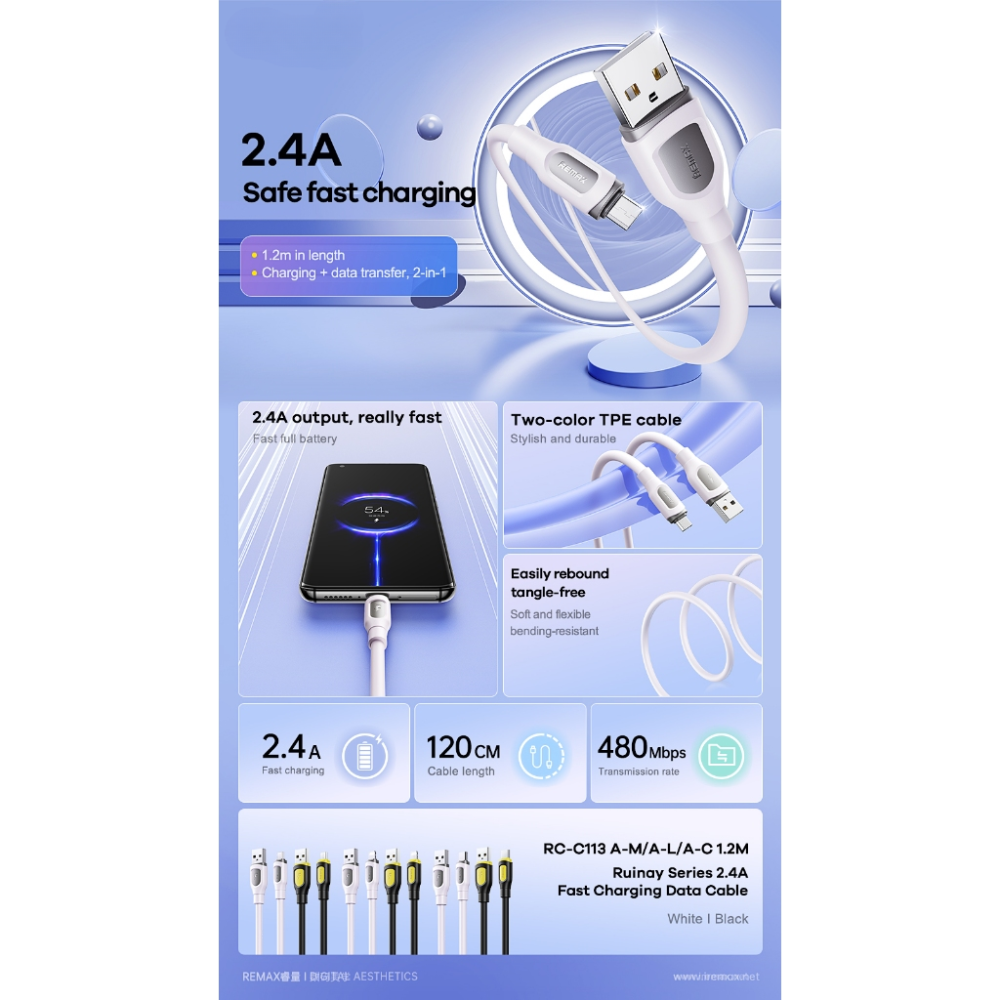 REMAX RC-C113A RUINAY Series Fast Charging Data Cable - White