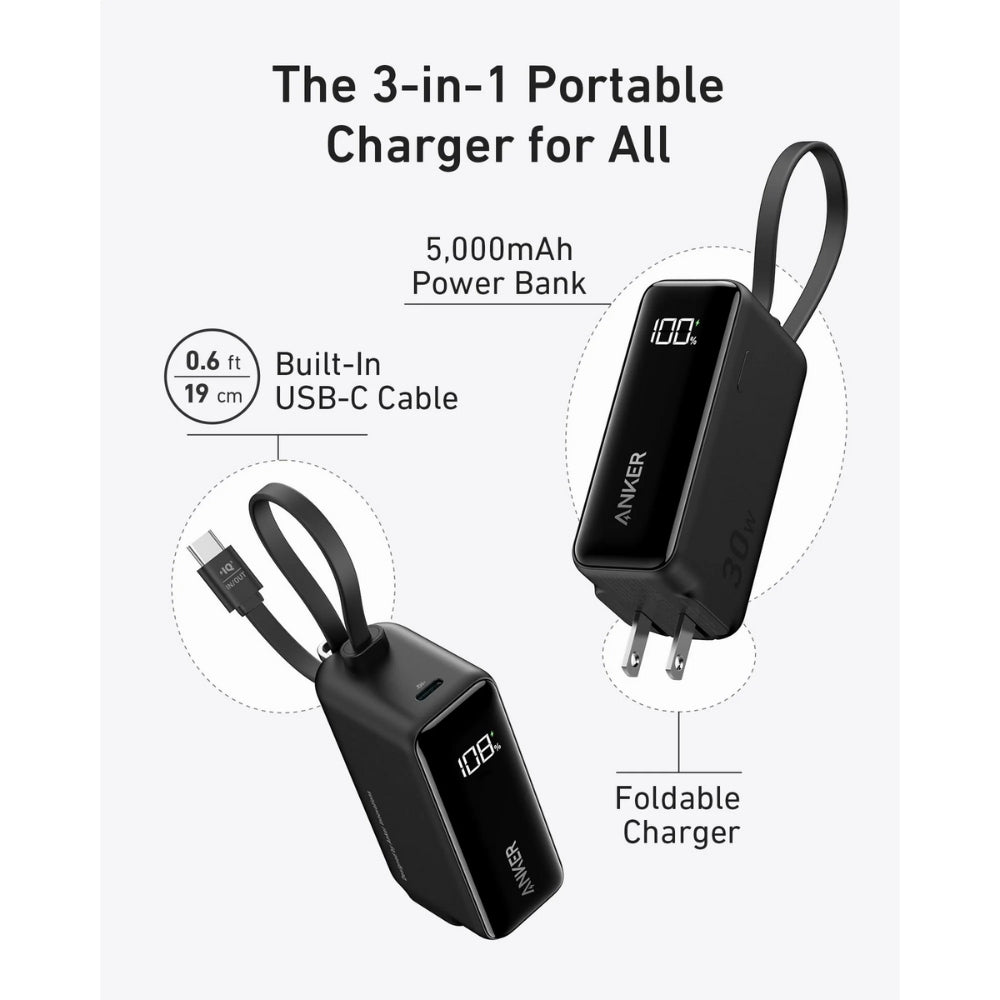 ANKER - FUSION 5000mAh Built-In Cable Power Bank (30W) - Black