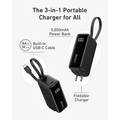 ANKER - FUSION 5000mAh Built-In Cable Power Bank (30W) - Black