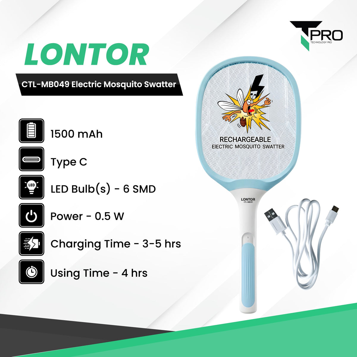 T-PRO - CTL-MB049 Electric Mosquito Swatter - Blue/White
