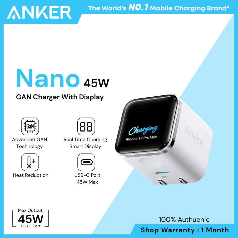 ANKER - Nano 45W Gan Charger With Smart Display - White