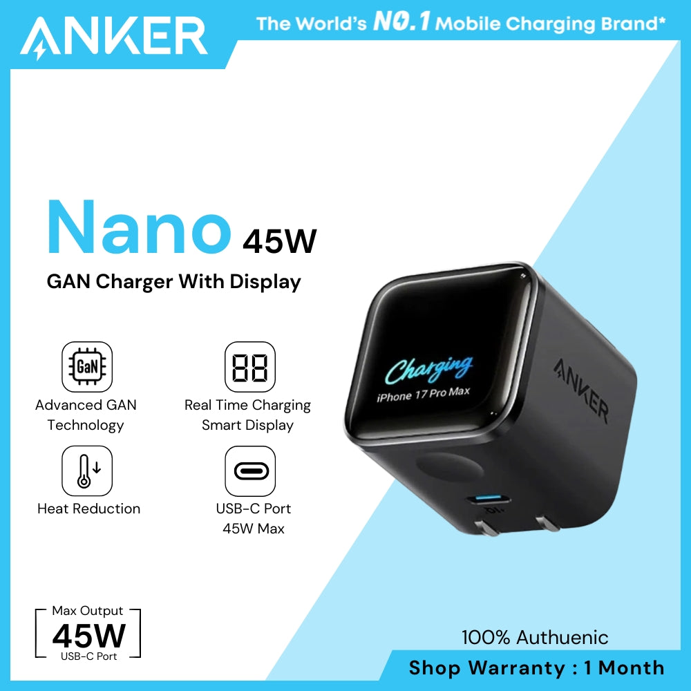 ANKER - Nano 45W Gan Charger With Smart Display - Black