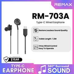 REMAX - RM-703A Type-C Wired Earphone - Black