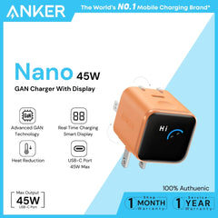 ANKER - Nano 45W Gan Charger With Smart Display - Orange