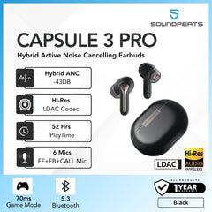 SOUNDPEATS - Capsule 3 Pro Powerful Hybrid ANC Bluetooth Wireless Earbuds - Black