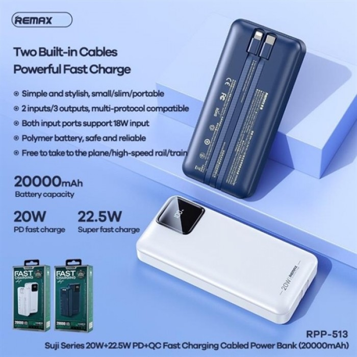 REMAX RPP-513 20000mAh SUJI SERIES PD 20W+QC 22.5W Fast Charging CABLE POWER BANK-White