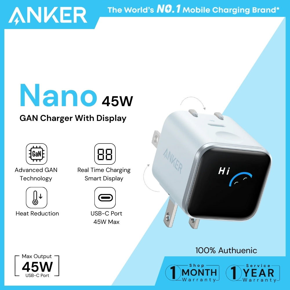 ANKER - Nano 45W Gan Charger With Smart Display - Blue