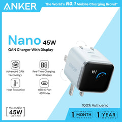 ANKER - Nano 45W Gan Charger With Smart Display - Blue