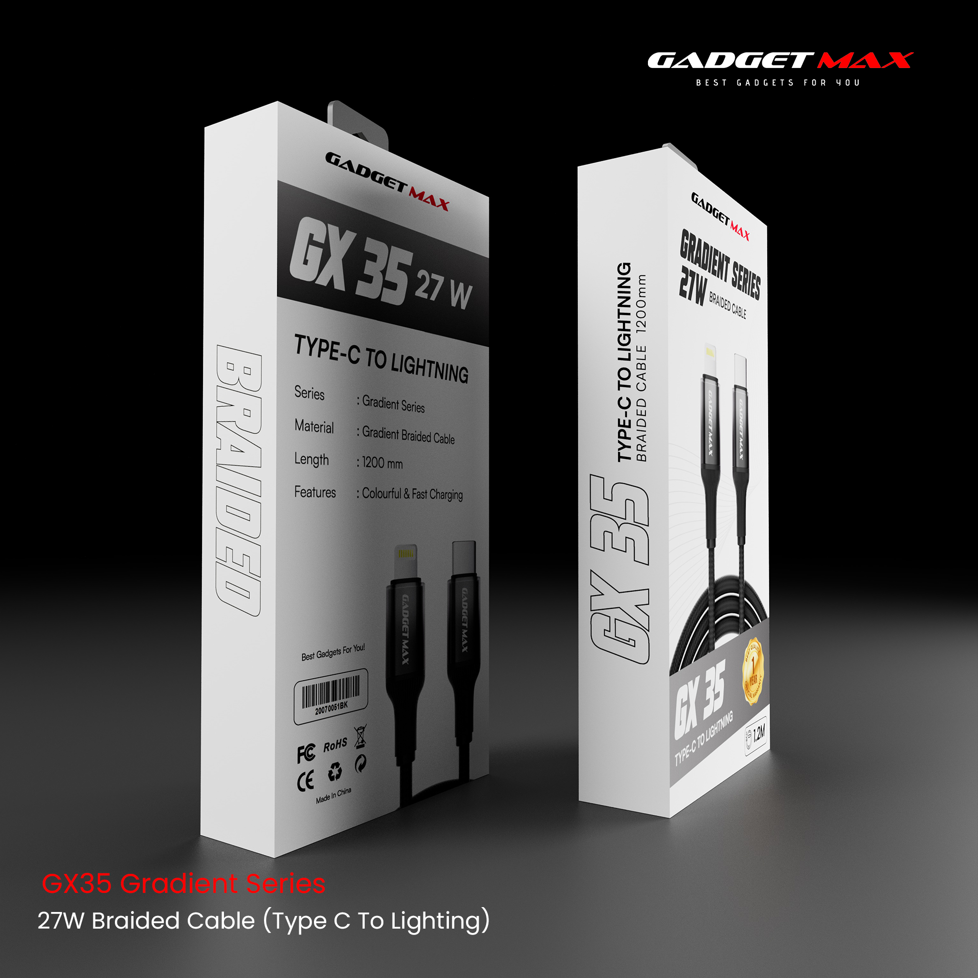 Gadget Max - GX35 C-L Gradient Series PD Fast Charging Data Cable (27W) - Black