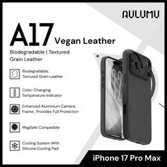 Aulumu - A17 Vegan Leather Case For iPhone 17 Pro Max | Biodegradable | Textured Grain Leather - Black