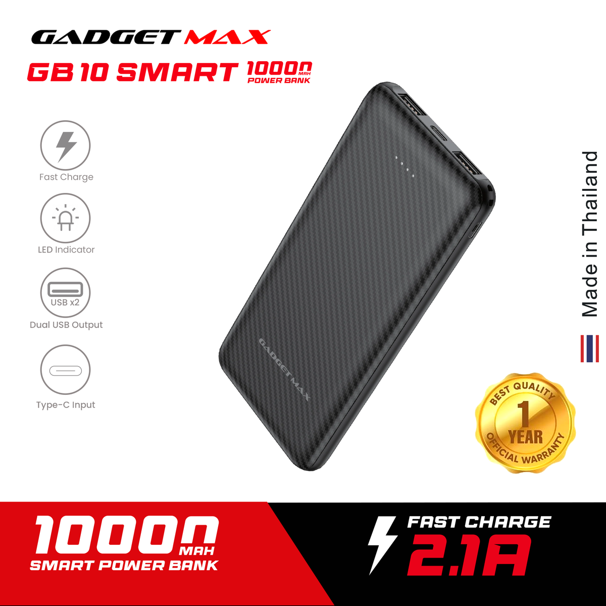 GADGET MAX GB10 10000mAh SMART 2.1A  POWER BANK (5V/2.1A)|(OUTPUT-2USB/INPUT-MICRO,TYPE-C), 10000 mAh Power Bank, Power Bank for All, Android Power Bank