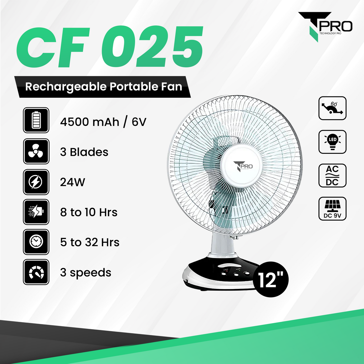 T PRO CTL-CF025-12 12" LONTOR RECHARGEABLE TABLE FAN WITH SOLA CHARGE