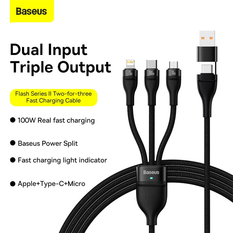 Baseus Flash Series II Two for Three 100W U+C to M+L+C Fast Charging Cable (1.2M)