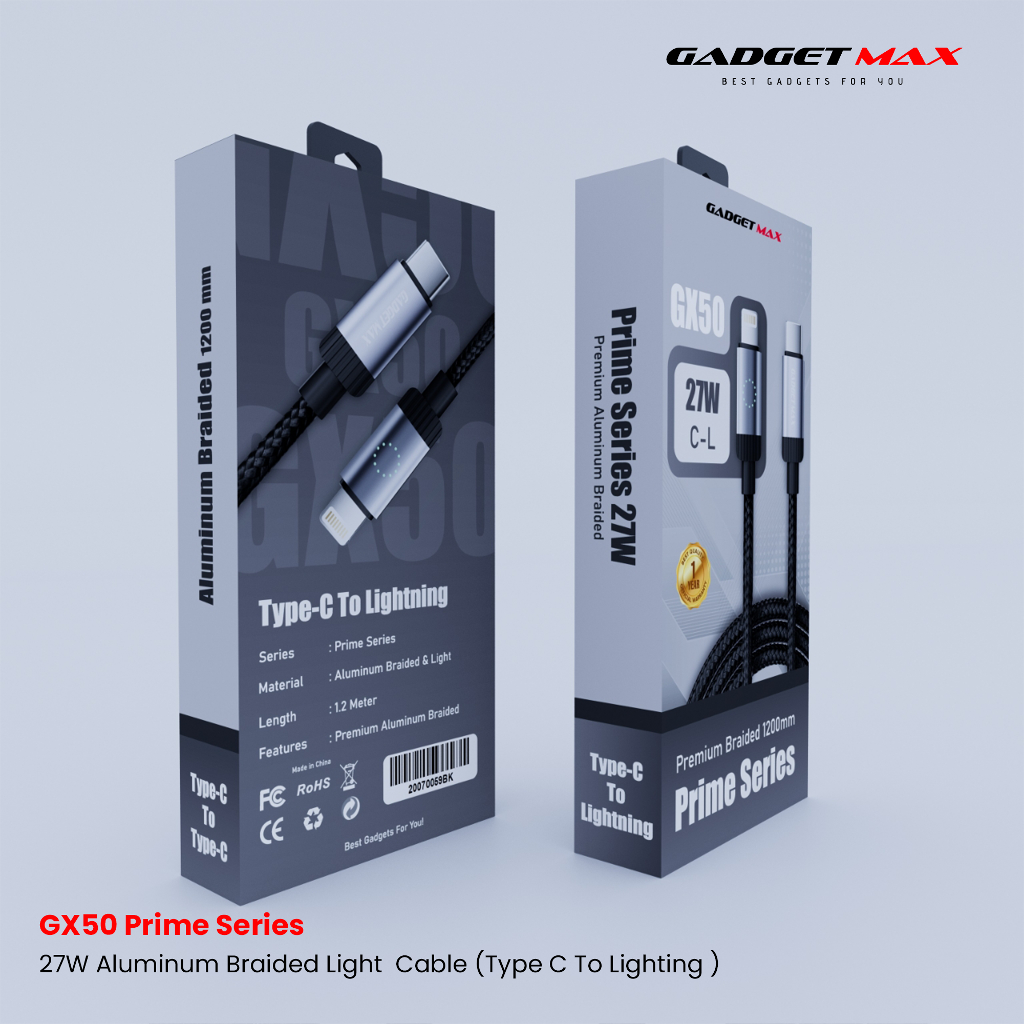 GADGET MAX - GX50 C-L Prime Series Type-C To Lightning Fast Charging Data Cable (27W) - Black