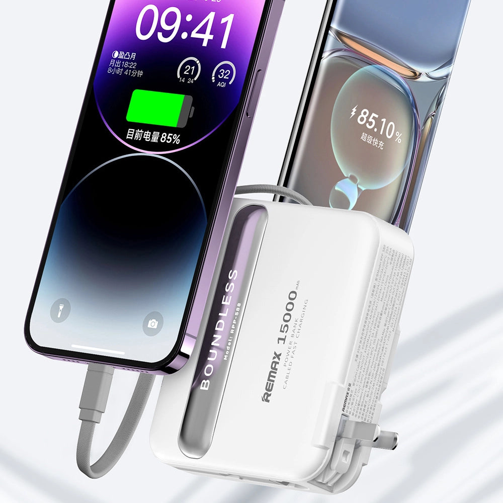 REMAX RPP-588 15000mAh BOUNDLESS SERIES 45W CABLED FAST CHARGING POWER BANK (INPUT-AC/TYPE-C) (OUTPUT-TYPE-C/TYPE-C CABLE/IPH CABLE) Power Bank (45W)