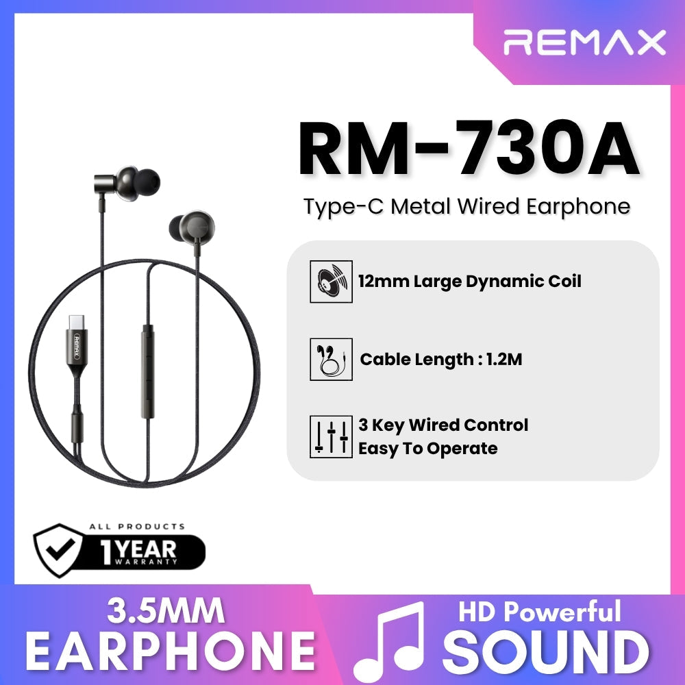 REMAX - RM-730 Type-C Metal Wired Earphone - Tarnish