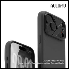 Aulumu - A17 Vegan Leather Case For iPhone 17 Pro Max | Biodegradable | Textured Grain Leather - Black