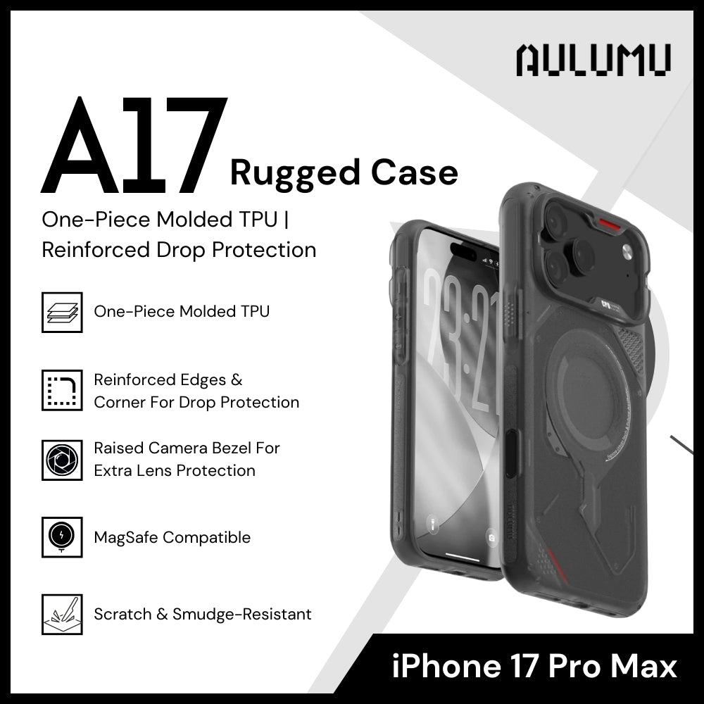 Aulumu - A17 Rugged Case For iPhone 17 Pro Max | One-Piece Molded TPU | Reinforced Drop Protection - Translucent Gray