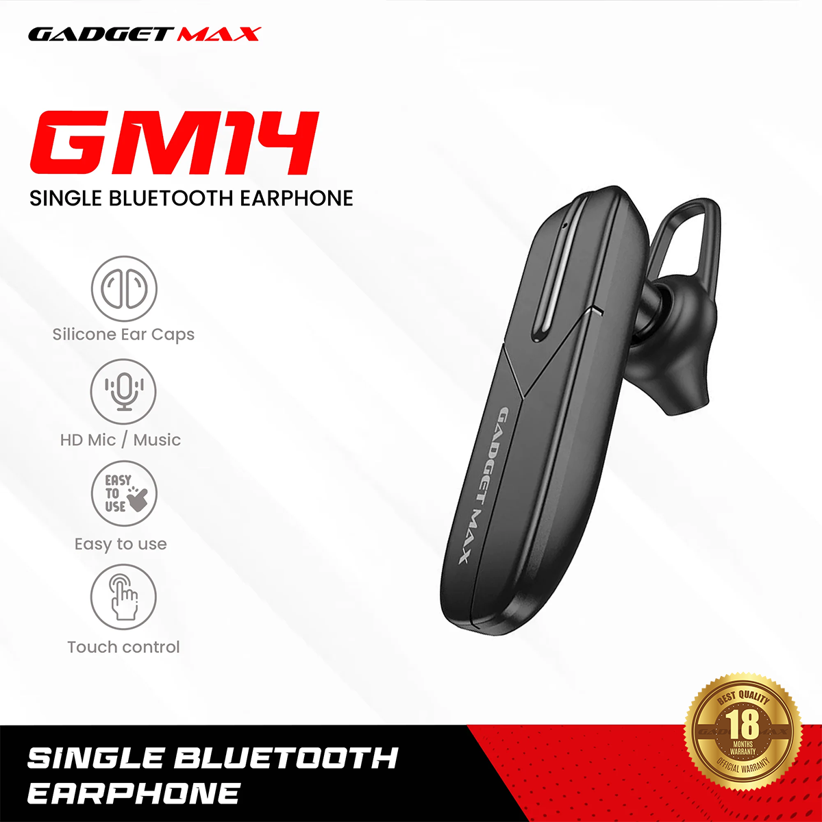 GADGET MAX - GM14 Single Bluetooth Headset - Black