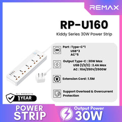 REMAX RP-U160 Kiddy Series 5-Outlet Power Socket(30W 3A1C) - White