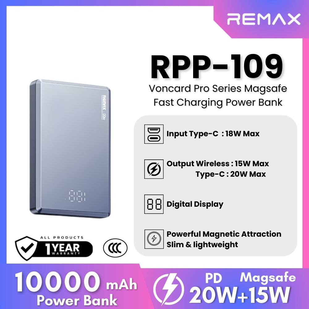 REMAX - RPP-109 Vocard Pro Series 10000mAh PD Magnetic Wireless Power Bank(PD 20W) - Blue
