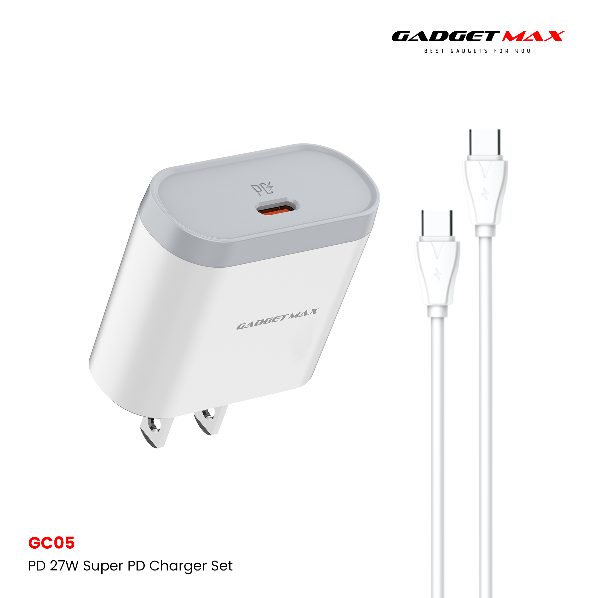 GADGET MAX - GC05 27W Super PD Charger Set With C-C 60W Cable - White