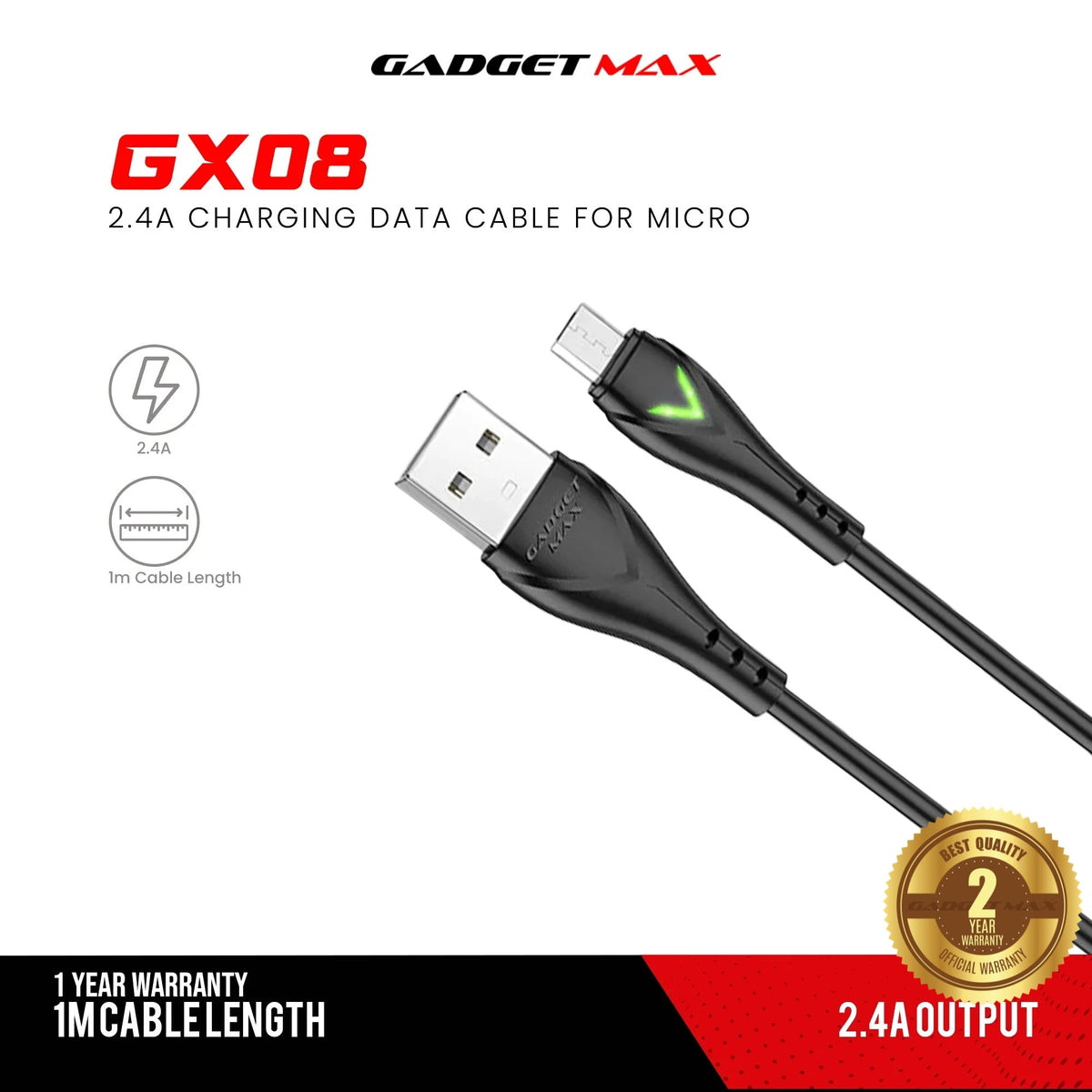 GADGET MAX GX08 MICRO 2.4A CHARGING DATA CABLE FOR MICRO (2.4A)(1M) - RED