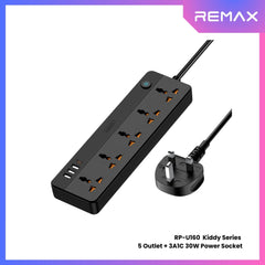 REMAX RP-U160 Kiddy Series 5-Outlet Power Socket(30W 3A1C) - Black