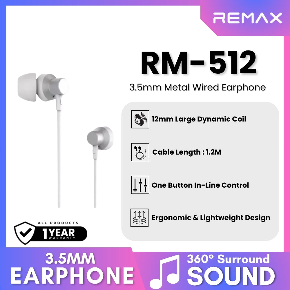 REMAX - RM-512 3.5mm Metal Wired Earphone - Silver