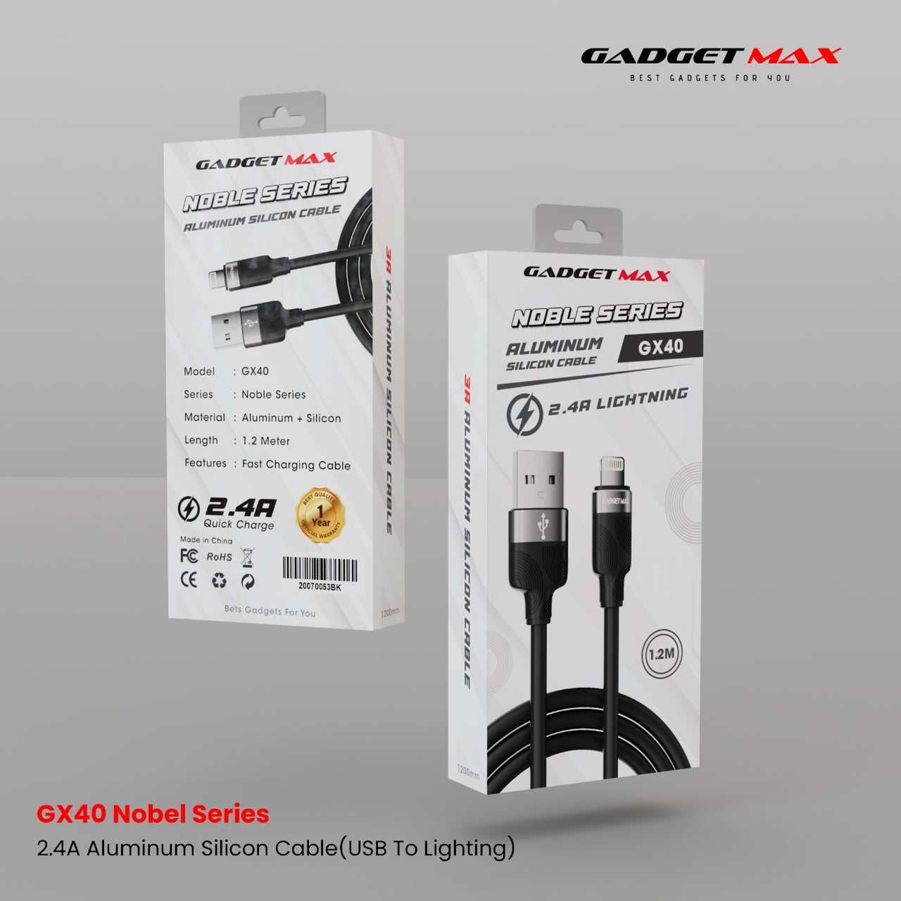 GADGET MAX - GX40 Lightning Nobel Series USB To Lightning Charging Data Cable (2.4A) - Black