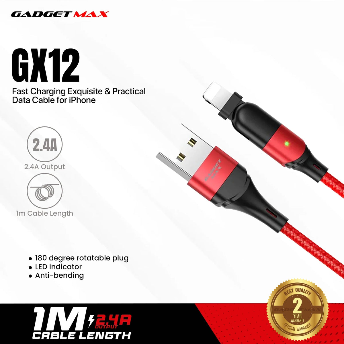 GADGET MAX GX12 FAST CHARGING EXQUISITE & PRACTICAL DATA CABLE FOR IPH (2.4A) (1.2M)  - ?BLACK