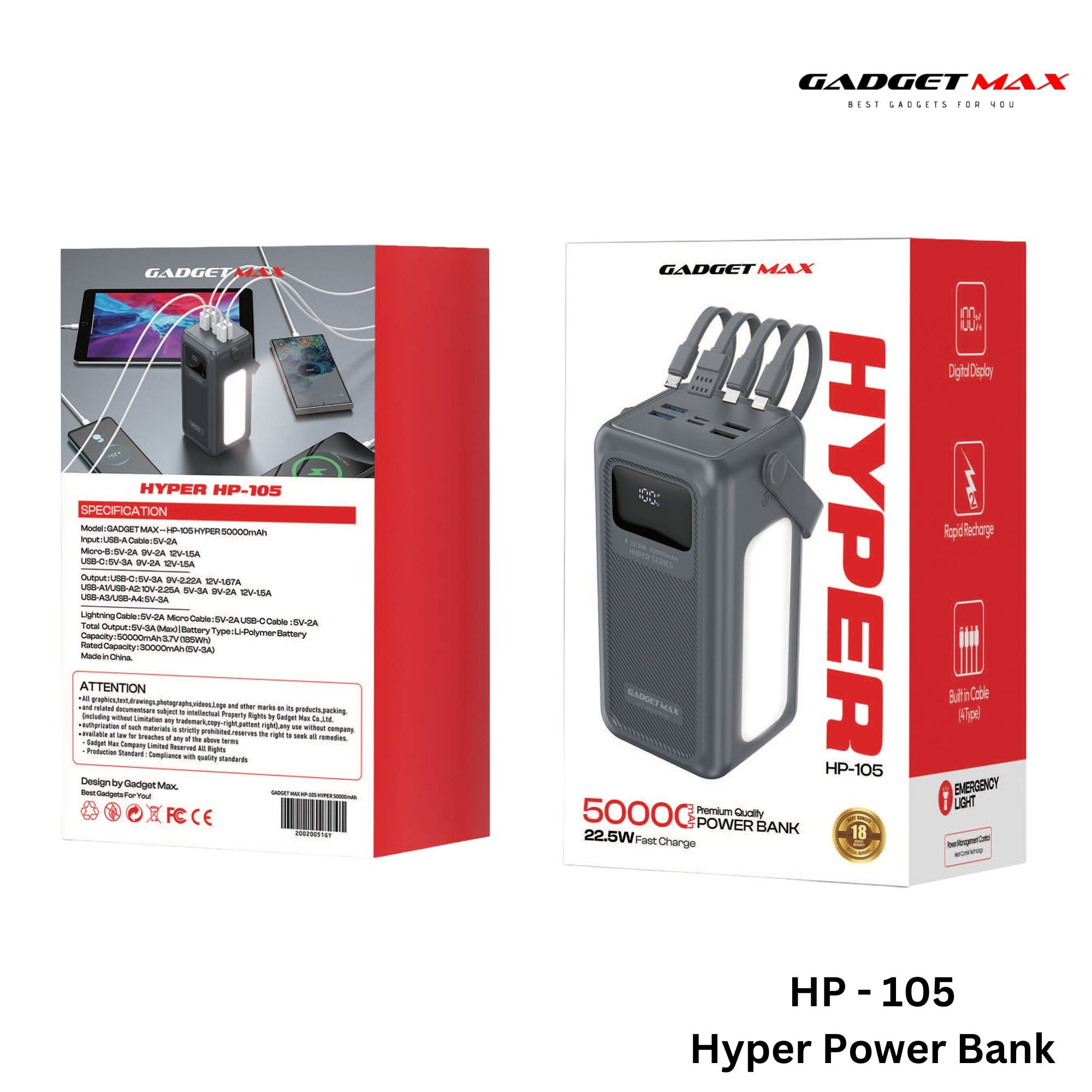 Home Hyper Fast GADGET MAX - HP105 50000mAh Hyper Fast Charging Power Bank (20W+22.5W ...