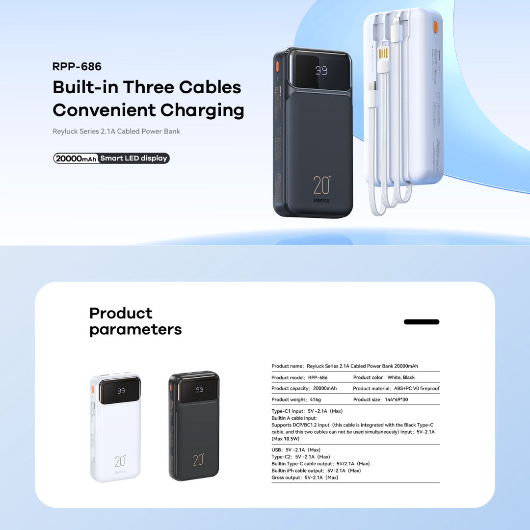 Remax Rpp 686 REMAX RPP-686 20000MAH REYLUCK SERIES 2.1A CABLED POWER BANK (2.1A ...