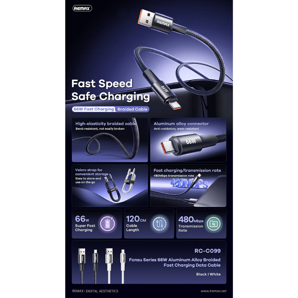 REMAX RC-C099A Fonsu Series 66W USB to Type-C Fast Charging Data Cable - Black