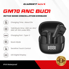 GADGET MAX - GM70 ANC BUD1 Active Noise Cancellation Bluetooth Wireless Earbuds - Black
