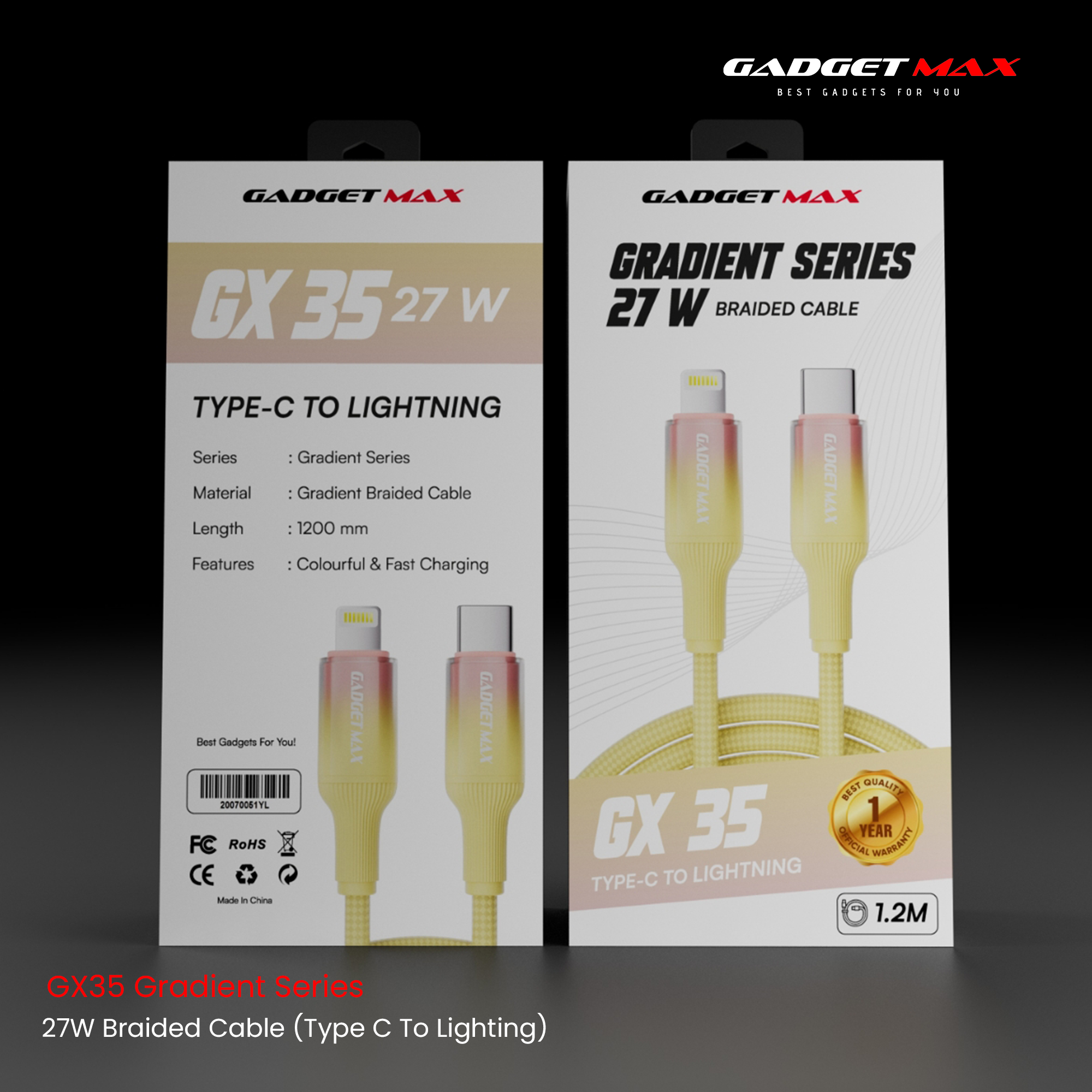 Gadget Max - GX35 C-L Gradient Series PD Fast Charging Data Cable (27W) - Yellow