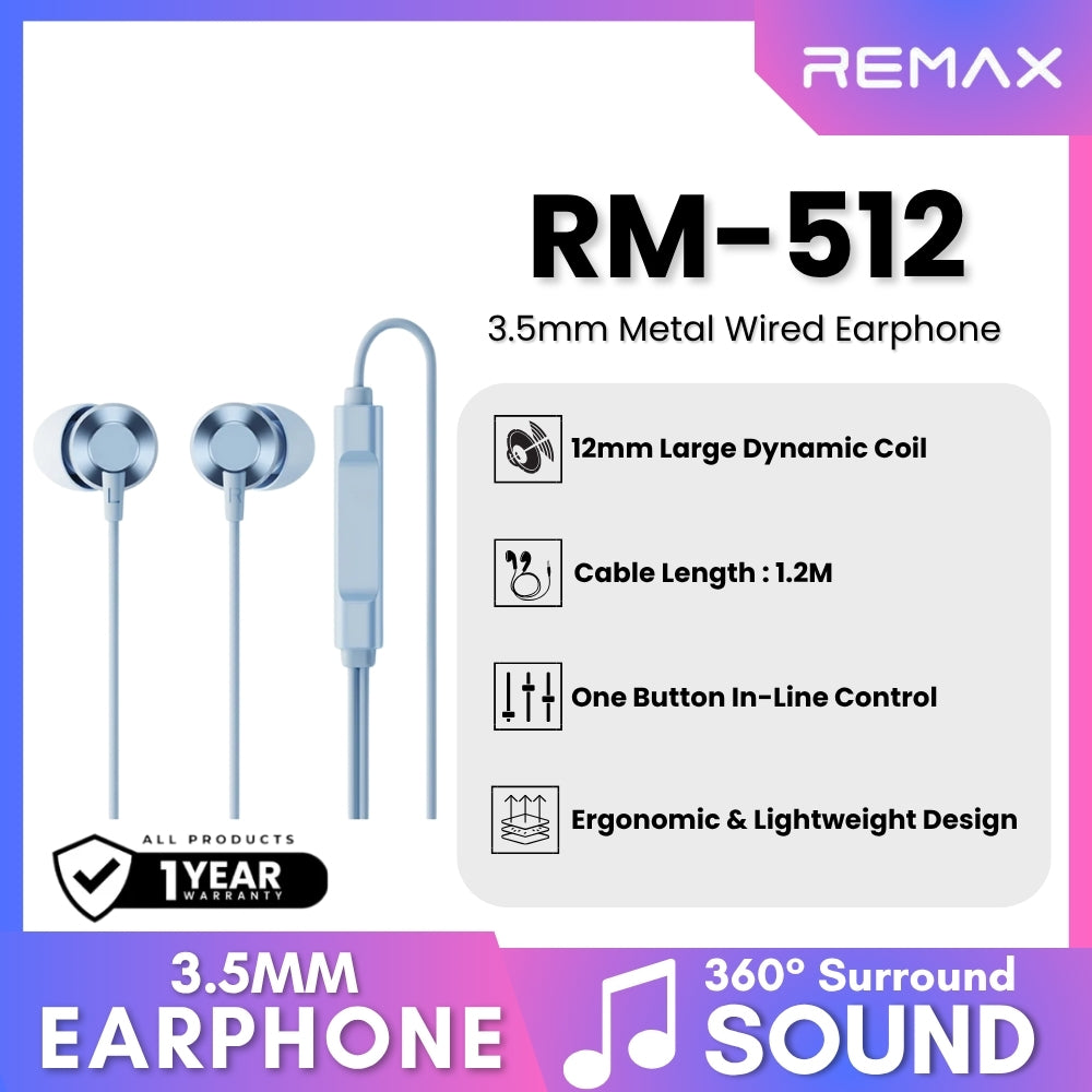 REMAX - RM-512 3.5mm Metal Wired Earphone - Blue