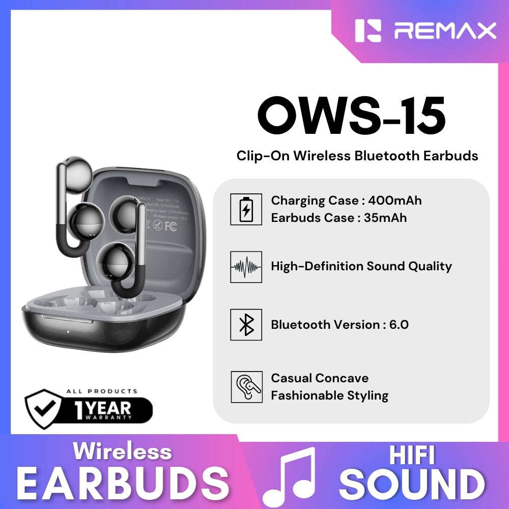 REMAX - OWS-15 Clip-On Bluetooth WIreless Earbuds - Black