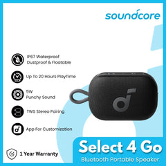 SOUNDCORE - Select 4 Go Bluetooth Portable Speaker - Black