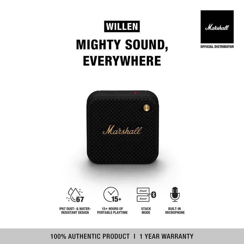 Marshall Willen Portable Bluetooth Speaker (Black and Brass