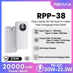 REMAX - RPP-38 20000mah Pinjur Series PD+QC Built In Cable Fast Charging Power Bank (  PD 20W + QC 22.5W ) - White