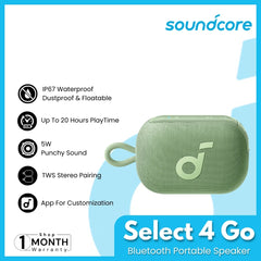 SOUNDCORE - Select 4 Go Bluetooth Portable Speaker - Green