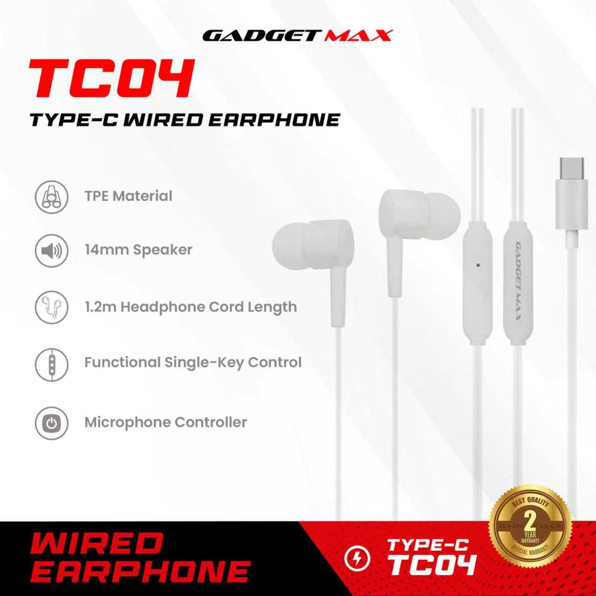GADGET MAX - TC04 Type-C Wired Earphone - White