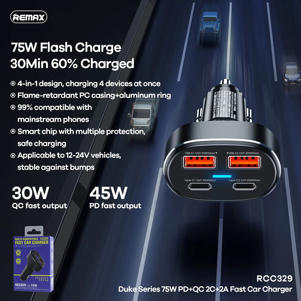 REMAX RCC329 DUKE SERIES 75W PD+QC FAST CAR CHARGR (2USB / 2TYPE-C), 75W Car Charger, PD+QC Car Charger