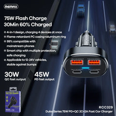 REMAX RCC329 DUKE SERIES 75W PD+QC FAST CAR CHARGR (2USB / 2TYPE-C), 75W Car Charger, PD+QC Car Charger