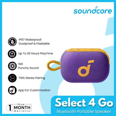 SOUNDCORE - Select 4 Go Bluetooth Portable Speaker - Purple