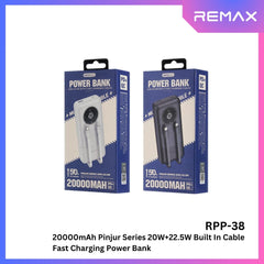 REMAX - RPP-38 20000mah Pinjur Series PD+QC Built In Cable Fast Charging Power Bank (  PD 20W + QC 22.5W ) - White